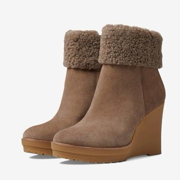 NEW Lauren Ralph Lauren Womens 7.5 Shearling Cuff Taupe Leather Wedge Bootie - Picture 1 of 12